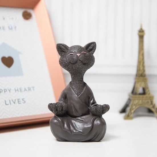 Statua di Gatto Zen in Resina in Posizione di Meditazione per Arredamento Casa e Ufficio