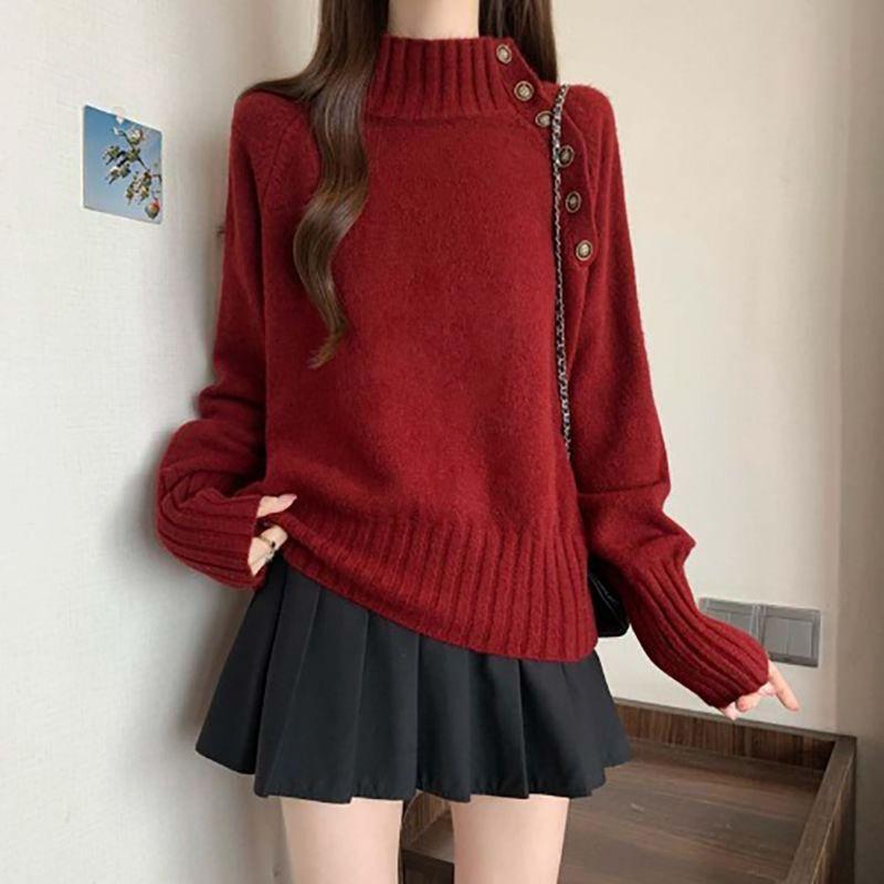 Women s Gray Turtleneck Knit Sweater Side Gold Button Detail Loose Long Sleeve Casual Warm Soft Pullover Top S