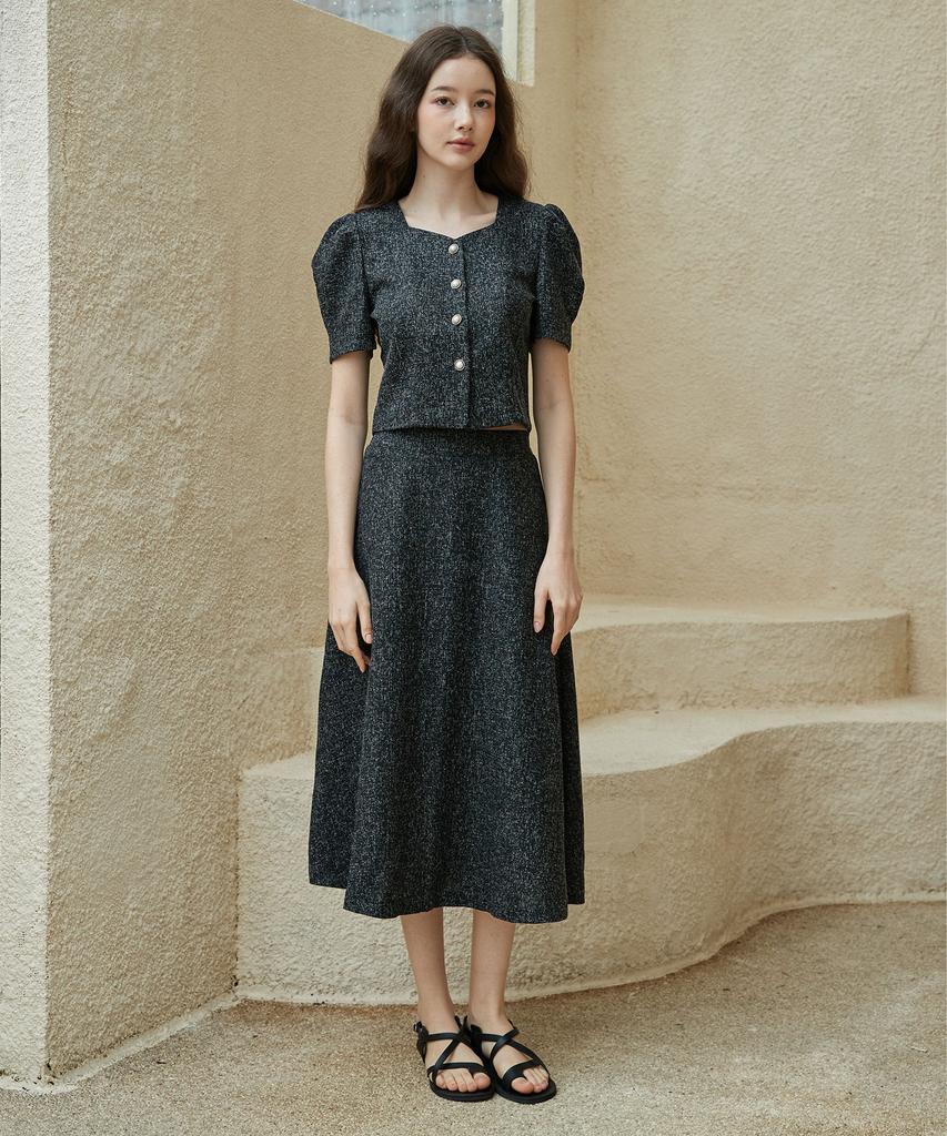 BIBYSEOB [Set] Heartneck Tweed Blouse + Tweed A-Line Long Skirt Black