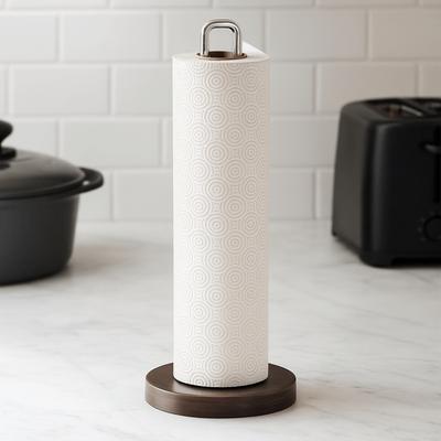 Stainless Steel Paper Towel Stand One-Handed Tear Non-Slip Wood Paper Towel Holder Wooden Base Durable Toilet Tissue Holder