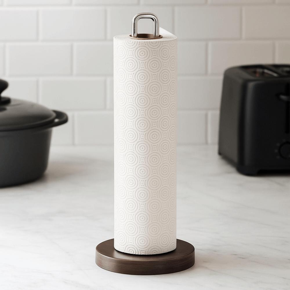 Stainless Steel Paper Towel Stand Wooden Base One-Handed Tear Paper Towel Rack Non-Slip Durable Toilet Tissue Holder Countertop