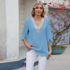Spring and Summer New Solid Colour V-neck Middle Sleeve,Loose Chiffon Shirt Women's Tops