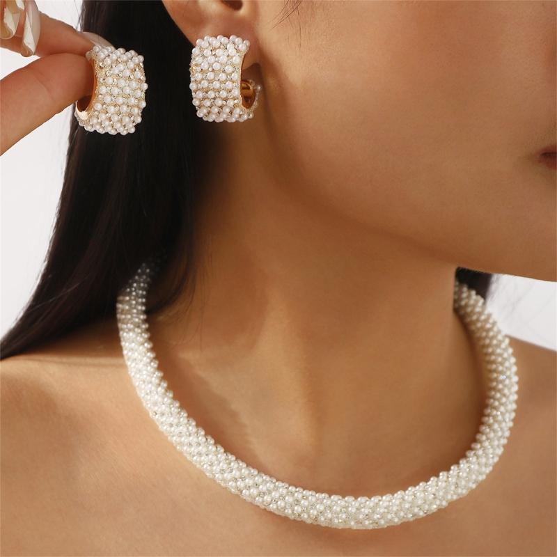 Rhinestones And Pearls Jewelry Set Versatile For Weddings Event Lightweight Design Celebration Necklace Ear Studs