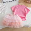 Girls Summer Pink Short Sleeve Sweet Outfit Set With Stylish Tulle Tutu Skirt Two Piece Clothing For Kids