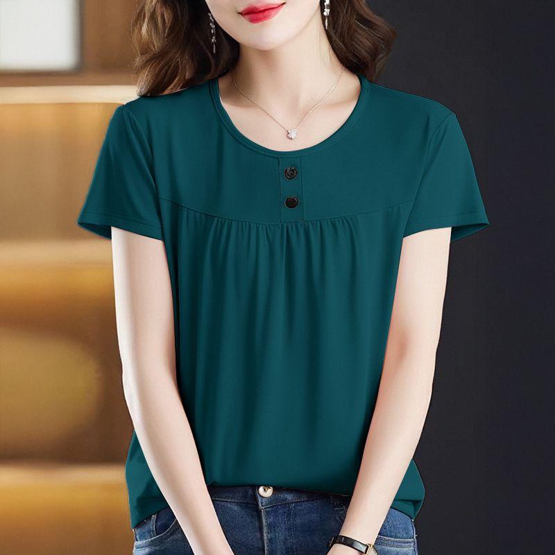 

Korean version of foreign style round neck pullover short-sleeved top summer new dopamine wear T-shirt large size women s clothing M темно-зелений колір