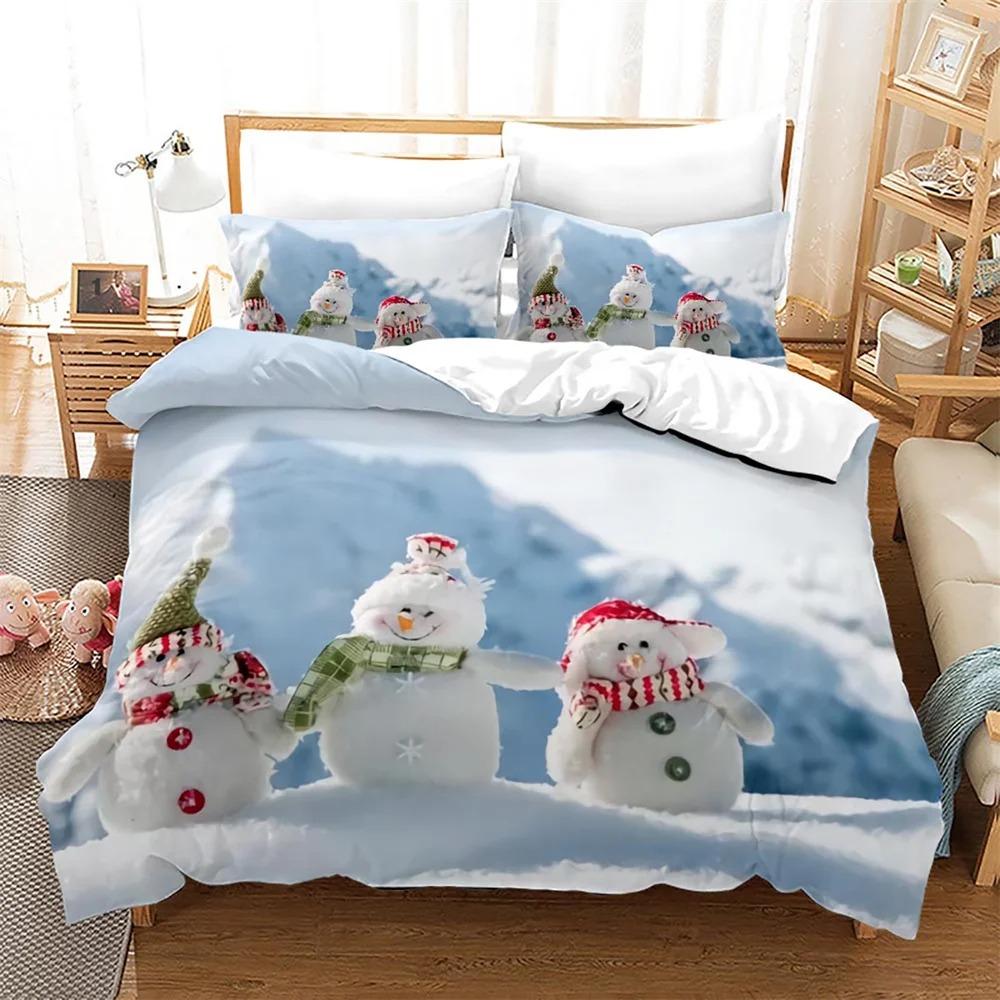 Christmas Duvet Cover Set King Queen Full Size Winter Theme Snowman Pattern Polyester Comforter Cover For Boys Festival Gift