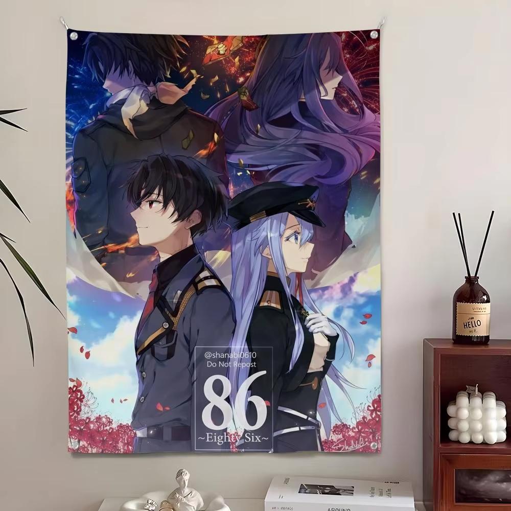 86 -Eighty Six- Gobelin Ścienny z Motywami Anime, Sztuka z Shinem i Vladileną w Mundurach Wojskowych z Lilią Pająka i Fajerwerkami, Dekoracja Ścienna dla Fanów