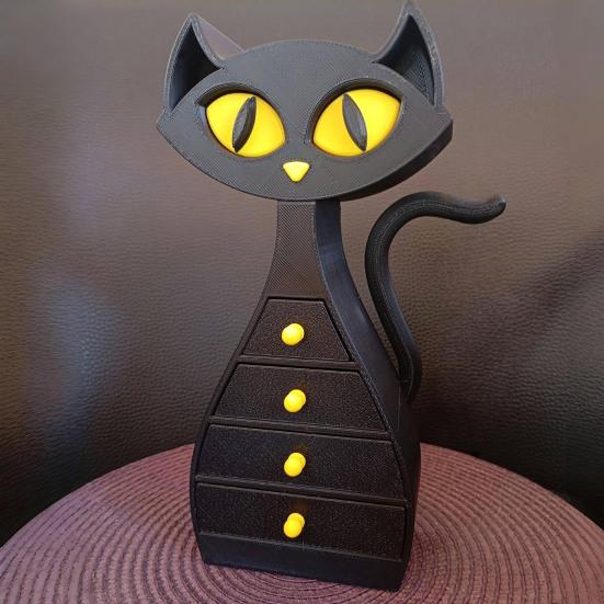 Black Cat Shaped Jewelry Box 3D Printed Cat Jewelry Organizer with 6 Drawers for Necklaces Bracelets Earrings Rings