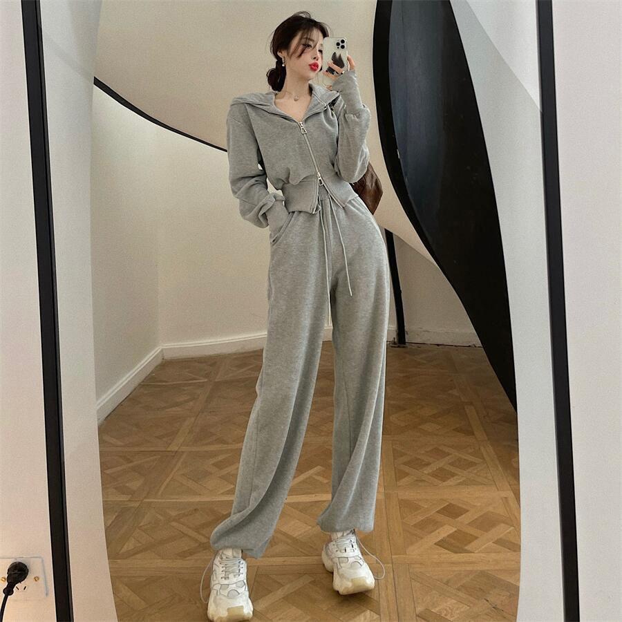 

Women s Autumn Fashion 2-Piece Sportswear Suit: Thin Hooded Sweater + Casual Trousers XXL сірий