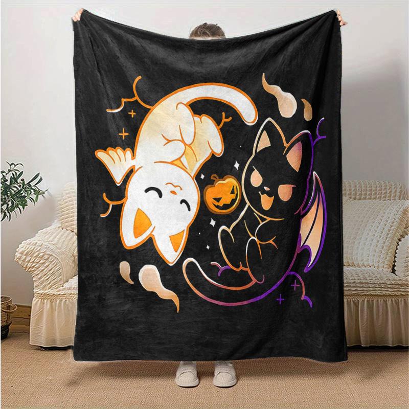 

1pc Halloween White Cat & Black Cat Blanket Soft Throw for Home Decor, Gift Idea, Living Room, Travel, Camping, Car Blankets 80x120cm