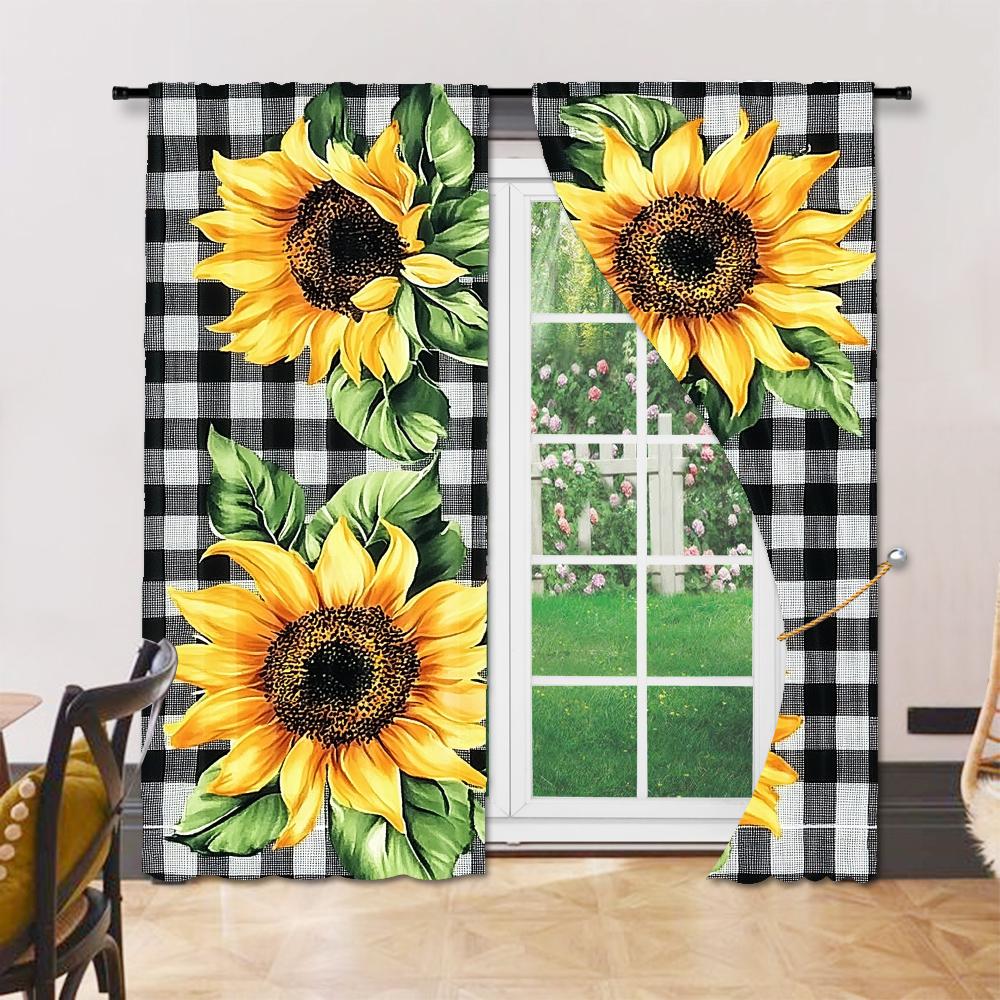 Set Of 2 Elegant Curtain Plaid Sunflower Print Window Charming European Style Design Vintage Decoration Kitchen Polyester Perfect For Cooking Area