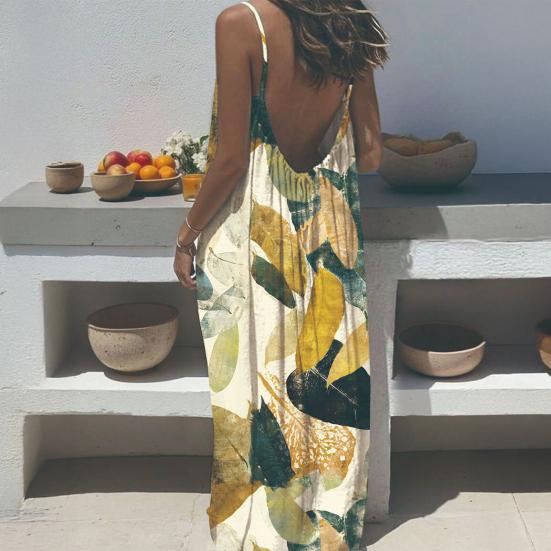 Women Long Slip Dress Breathable Summer Floral Print Casual Sleeveless Dress Spaghetti Strap Loose Swing Hem Ankle Length Beach Dress