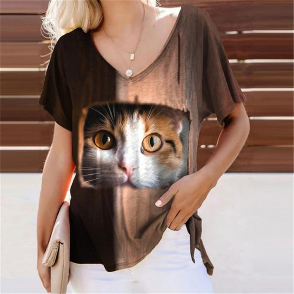 Summer Lovely Cat 3D Print T-Shirts Women Casual V-Neck Short Sleeve T Shirt Y2k Harajuku Animal Tees Loose Tops Female Clothing