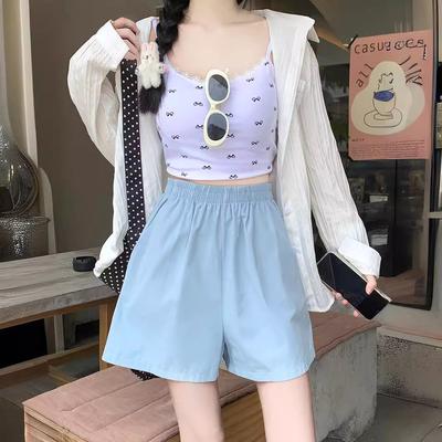 Women's New Summer Small Casual Simple Solid-color Wide-leg Pants Versatile Slim Elastic Waist Straight Shorts