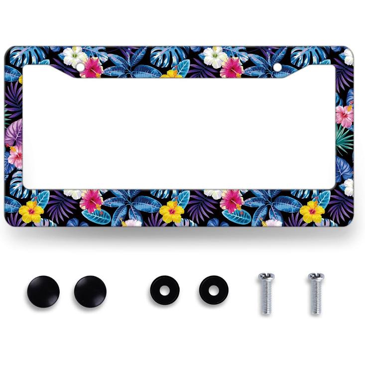 Hibiscus License Plate Frame Beautiful Tropical Flowers Floral License Plate Holder Colorful Stainless Steel Auto Parts Funny License Plate