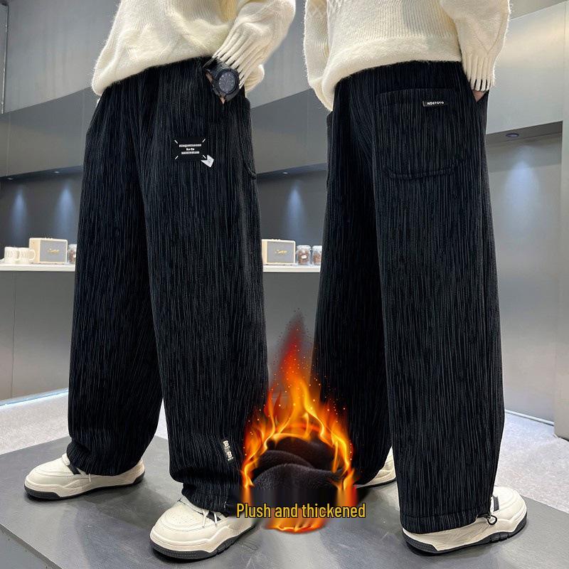 Boys' Fleece-Lined Corduroy Pants - Autumn & Winter Style, Thickened One-Piece Fleece, Handsome Casual Pants for Older Boys