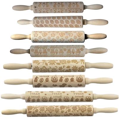 Christmas Decoration Baking Pastry Tool New Year Dough Stick Embossing Roll Pin Laser Wooden Christmas Rolling Pin