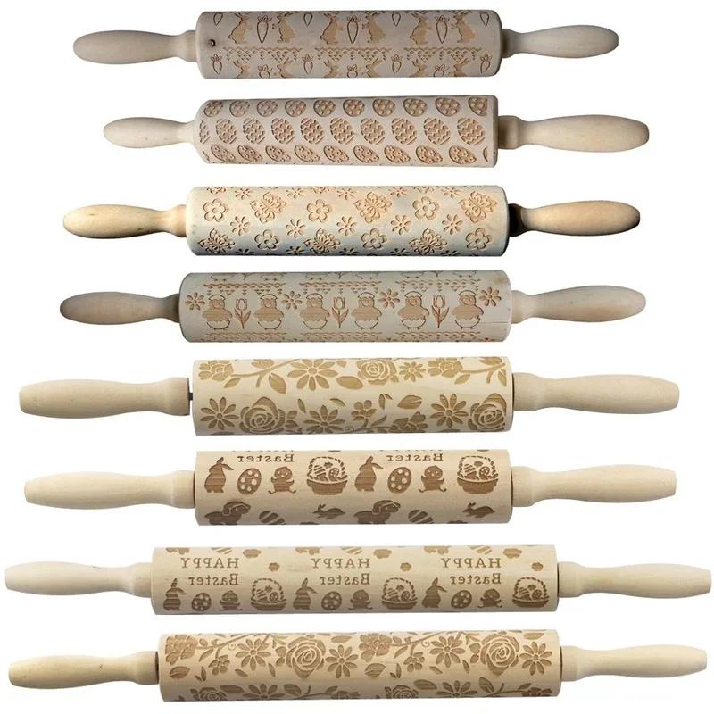 Christmas Decoration Baking Pastry Tool New Year Dough Stick Embossing Roll Pin Laser Wooden Christmas Rolling Pin