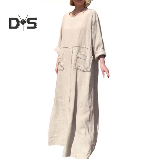 

Женское платье с длинными рукавами, свободное однотонное длинное платье с карманами, ретро-стиль, платье трапециевидной формы с круглым вырезом для офиса, повседневной жизни, пляжной вечеринки 3XL бежевый