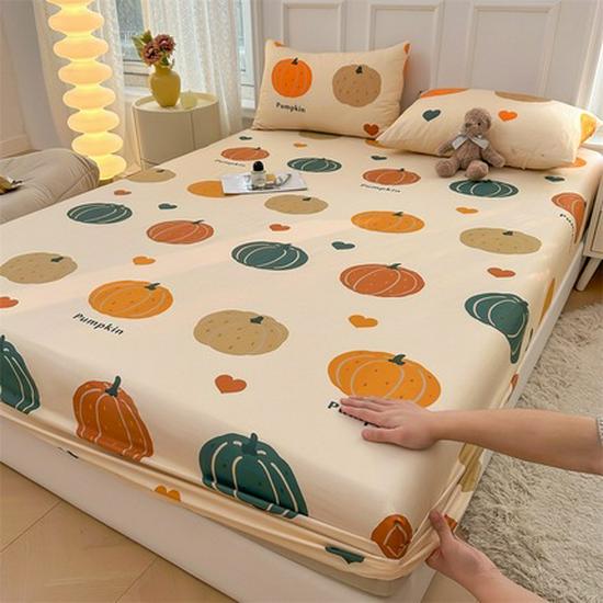 Pure Cotton Cartoon Print Fitted Sheet & Solid Color Mattress Protector Three-Piece Set