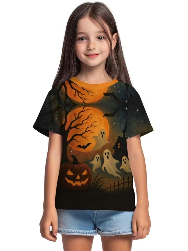T-Shirt for Girls Halloween Cartoon Pumpkin Print Round Neck Short Sleeve Tops Fashion Girls Clothes Holiday Children's Clothing