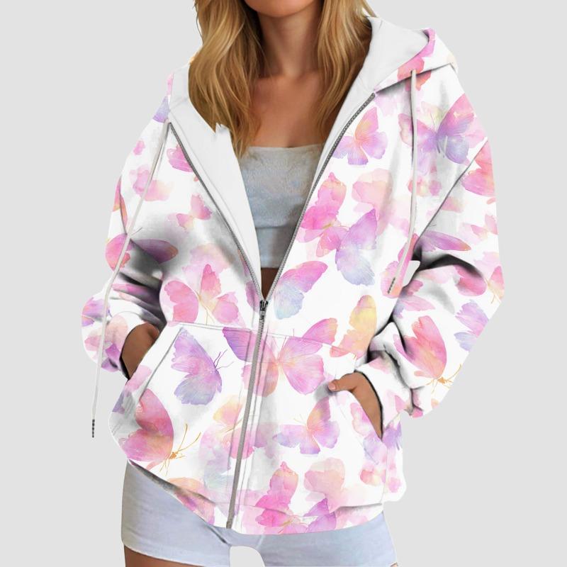 Stylish Printing Hooded Women'S Sweatshirt With Pockets Autumn/Winter Long-Sleeve Casual Hoodies Full Zipper Outdoor Sportwears