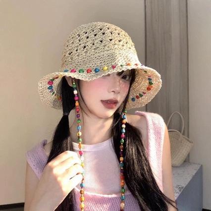 Colorful Wooden Bead Grass Hat With Summer Hollowed Out Large Brim For Sun Protection And Foldable Fisherman Hat
