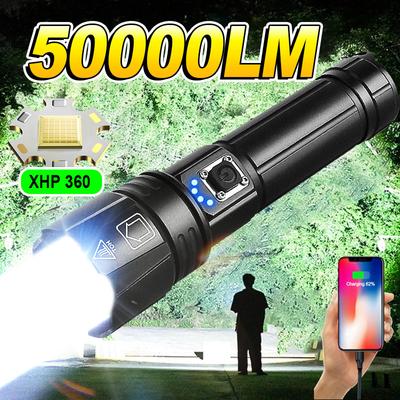 50000LM XHP360 LED Ultra Mocna Latarka Typu C Akumulatorowa Latarka LED Wysokiej Mocy Latarka LED Kempingowa Latarka Dalekiego Zasięgu Przenośne Oświetlenie