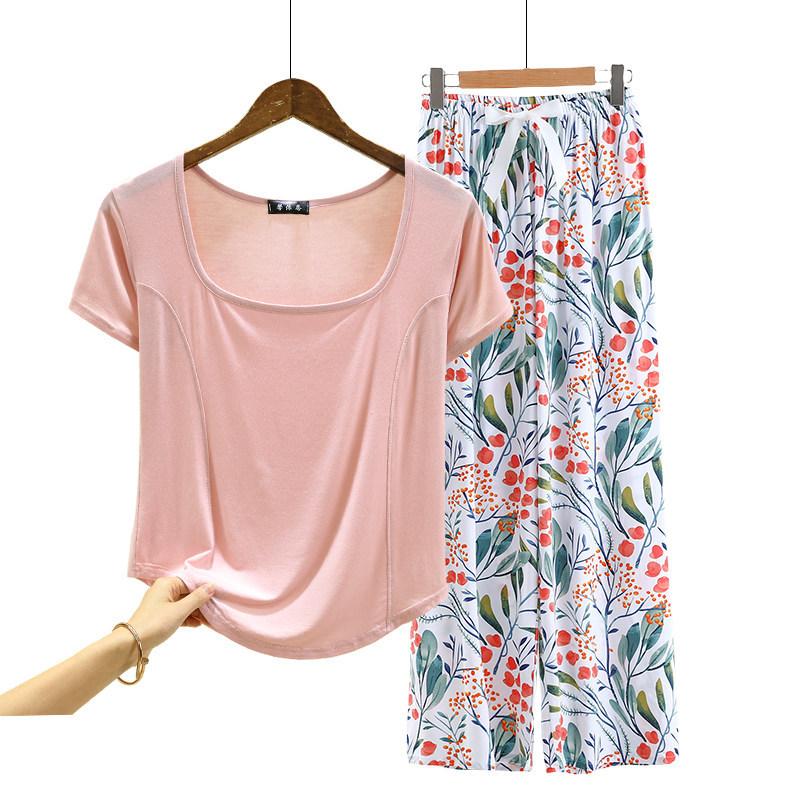 Fashion U Nek Tshirt and Floral Wide leg pants Summer fashion homewear 2pcs suit Loose Casual pajamas set comfort loungewear plus size