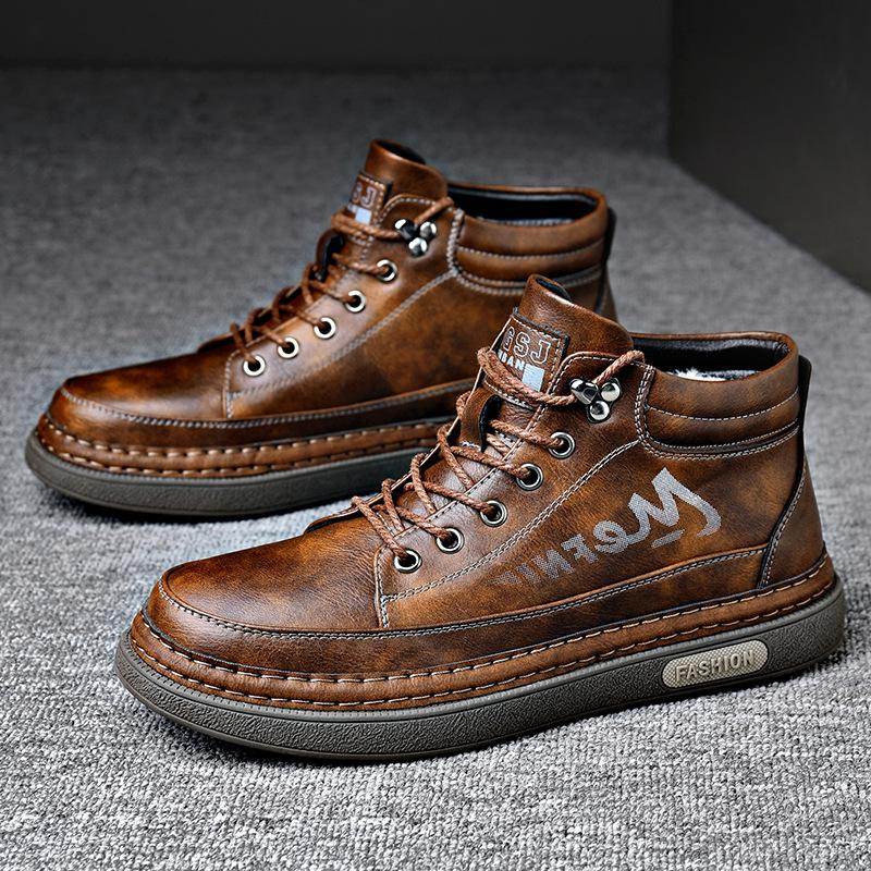 

[Good quality shoes] Winter versatile trendy men s shoes, velvet warm men s board shoes, retro leather casual shoes 39