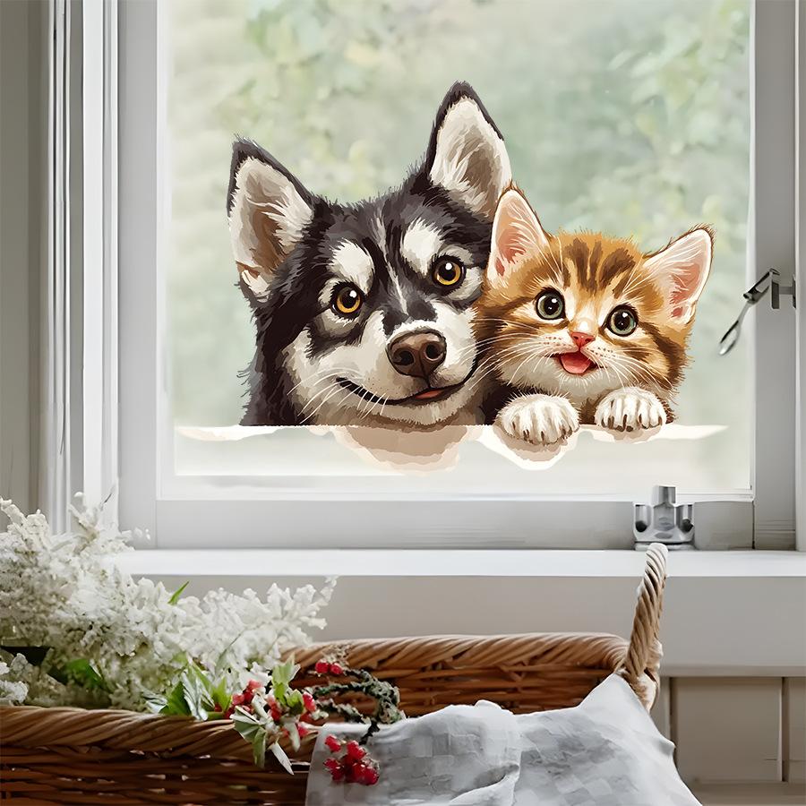 Cute Cat and Dog Peeking Watercolor Healing Window Stickers, Self-Adhesive Double-Sided Visible Decor for Bedroom Living Room Decoration