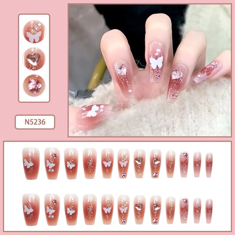 Fairy Butterfly Gradient Detachable Long Wearable Nails with Nail Art Stickers