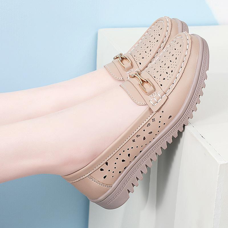 

Кожаные туфли для мам, полые, дышащие, подошва из говяжьей кожи, мягкая, средней высоты, туфли Doudou на педалях, не утомительные, женские туфли 41