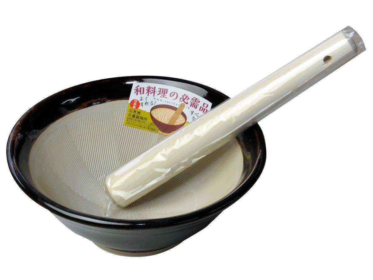 Motoshige Iwami Ware Mortar and Pestle Size 9 with Silicone base to prevent table Blue Namako Made in Pottery, Set, (28cm diameter, pestle), damage,