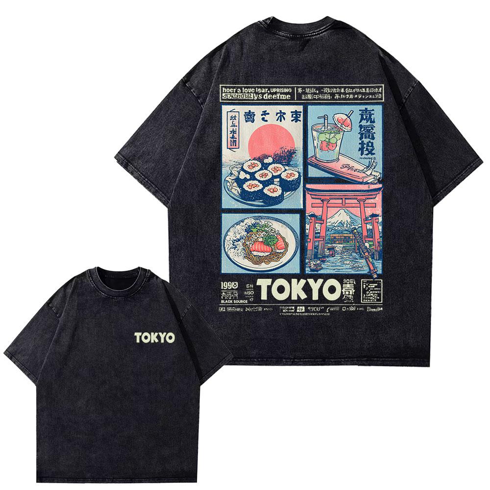 2026 Heißer Verkauf Gewaschenes Vintage Tokyo Japan Grafik T-Shirt Retro Sushi Berg Fuji Druck Unisex Baumwolle Rundhals Kurzarm Street Lockeres Tee Oberteil