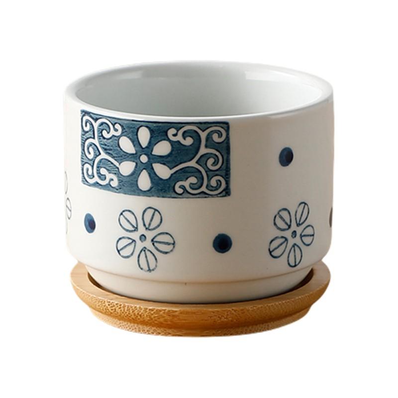 Vaso de cerâmica com bandeja de bambu estilo japonês suculenta planta vaso de flores bonsai plantador decoração de jardim cactos plantas plantadores