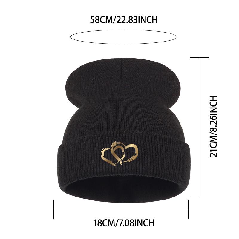 Golden DoubleHeart Print Knit Beanie Warm Soft Comfortable Stretchy Brimless Hat Elegant Luxe Fashionable Unisex FallWin