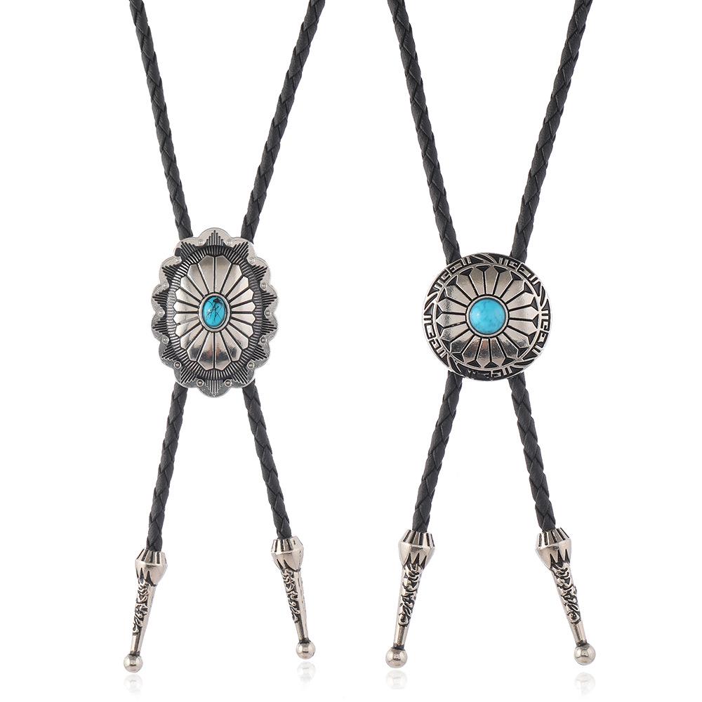 Bohemian Turquoise Flower Pendant Bolo Tie Necklace