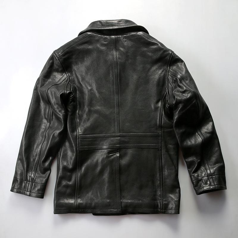 American retro navy medium and long coat full vegetable tanned goatskin large lapel double-breasted leather leather jacket men
