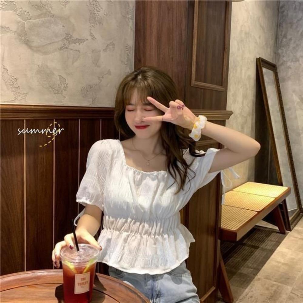 Square Collar Puff Sleeve Short Top Women's Short Sleeve Shirt Design Niche