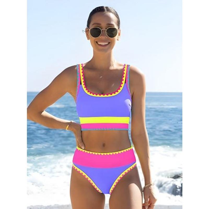 Women High Waist Color Block Three Piece Split Bikini Cover Up Vacation Swimwear