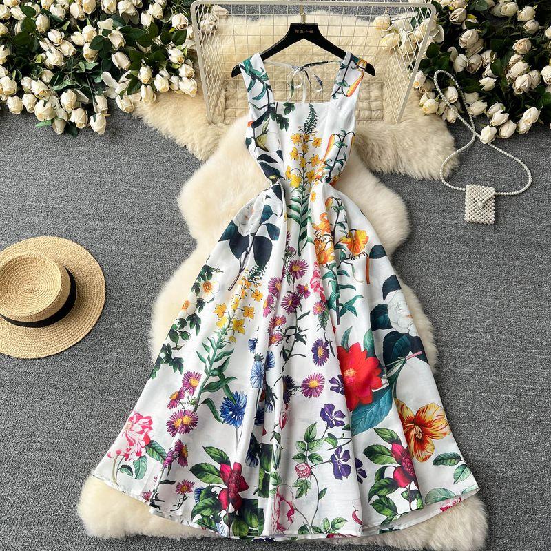 

High-End Ladies Small Dress Women s French Entry Lux Temperament Square Collar Sleeveless Waist Stylish Print Vest Dress White 2XL