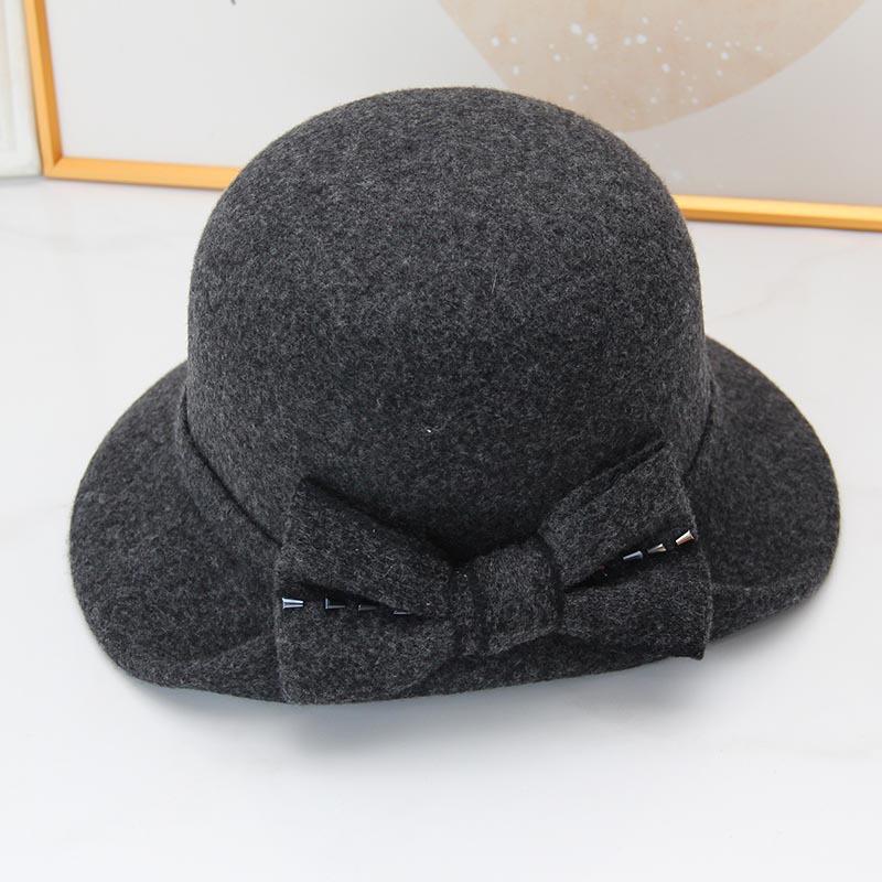 Autumn and winter hat women's thermal basin hat retro round top hat elegant bow fashion wool British fisherman hat