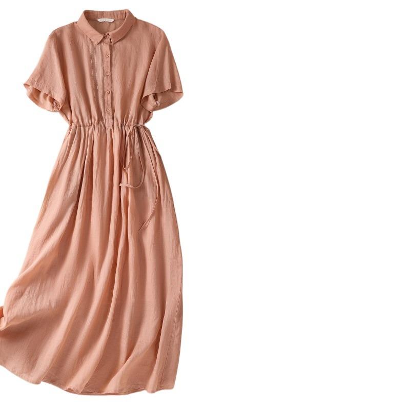 Real Shot Summer Thin Cotton and Linen Literary Simplicity and Thin Medium and Long Short-sleeved Dress Women