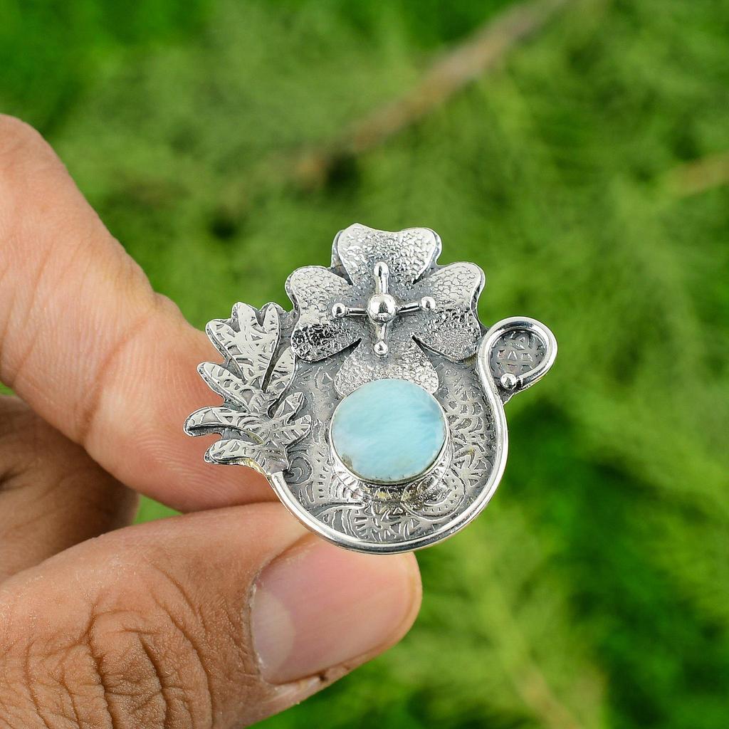 Larimar Gemstone Mother Flower Engagement Promise Bezel Ring Jewelry 925 Silver