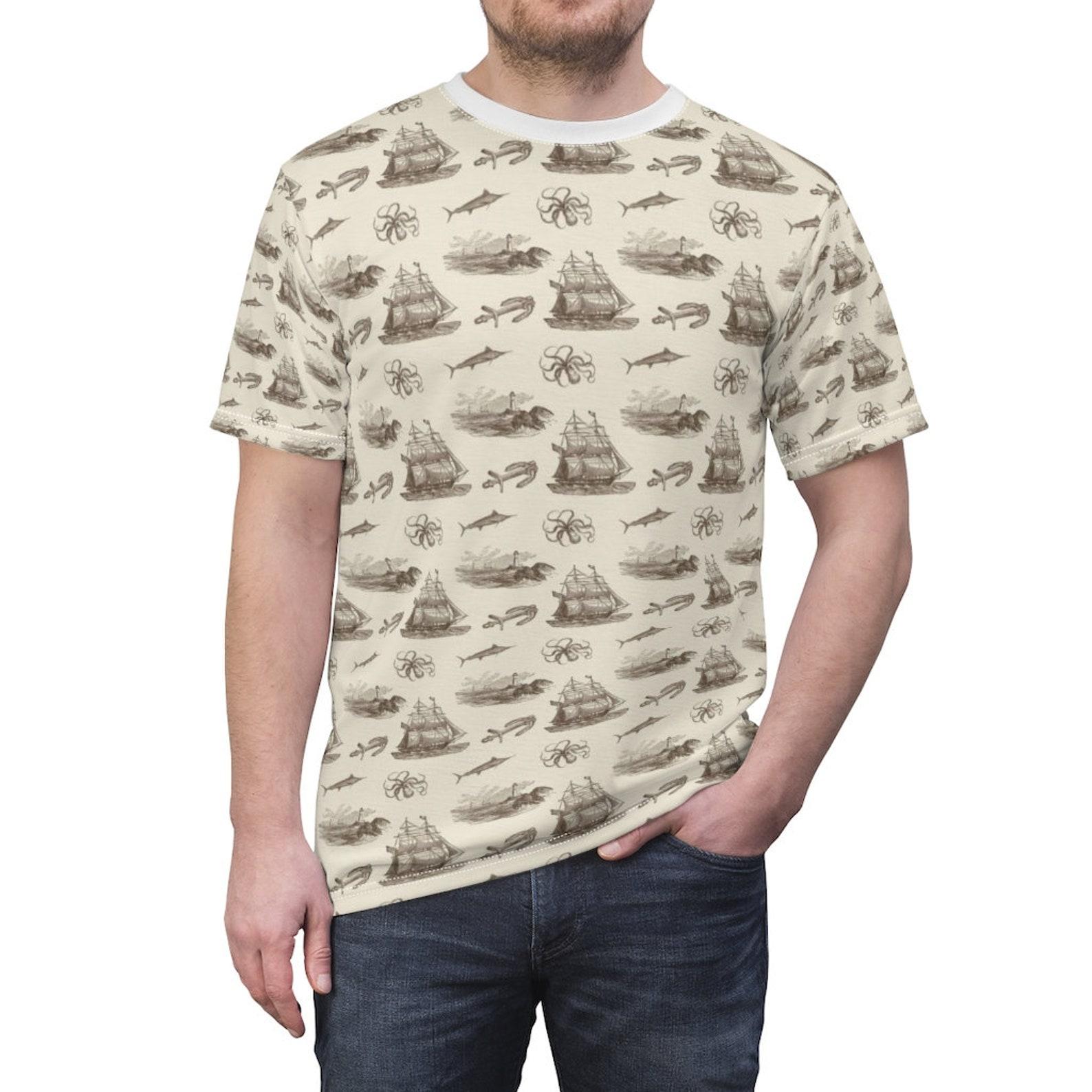 Nautical Toile Pattern Unisex T-Shirt - Ships, Anchors, Swordfish, and Octopus 2XL