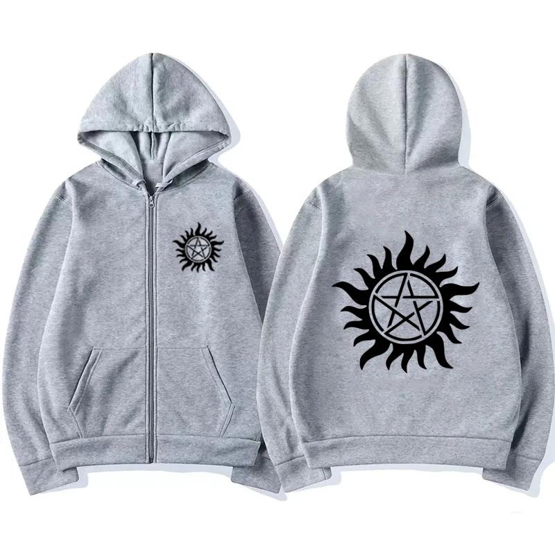Pentagram Printed Zipper Hoodie Autumn Winter Women Casual Vintage Oversize Fashion Long Sleeve Fleece Sweatshirts