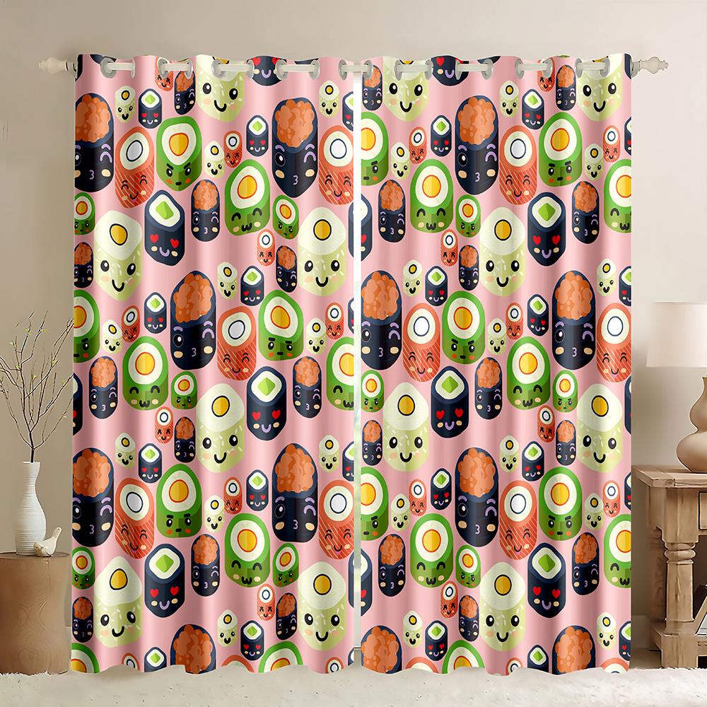 Funny Japanese Food Sushi Print Curtains for Kids Living Room Bedroom Kitchen Window Drape Right Biparting Open Drapes 2 Panels