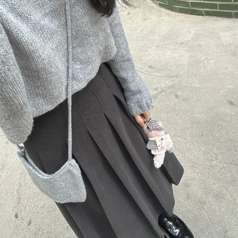 2025 New Style Women's Grey A-Line Woolen Pleated Long Skirt