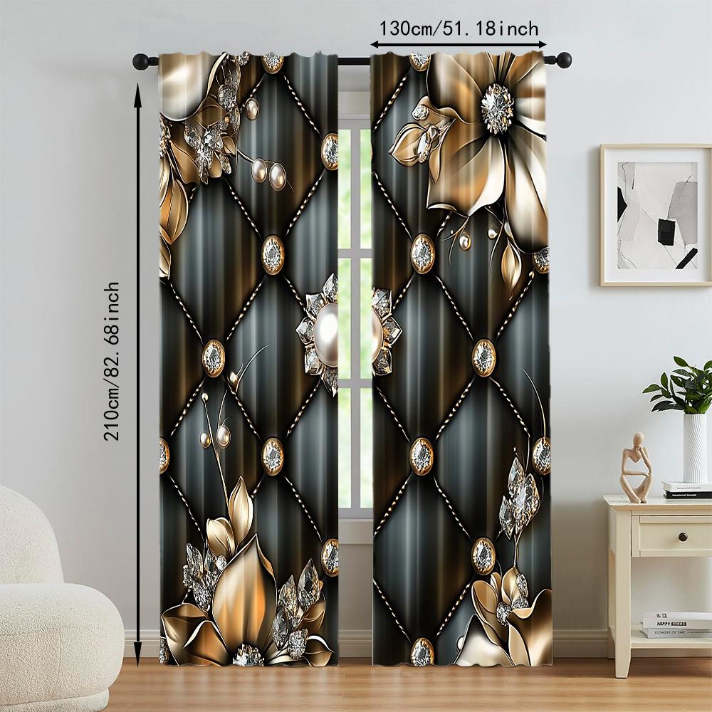 2Pcs Elegant Diamond Pattern Polyester Curtains With Floral Accents Machine Washable Light-Filtering Rod Hole Hanging